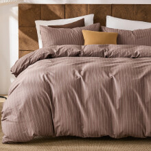 Herside 100% Cotton Duvet Cover Set Double Size, Brown Pinstripe Bedding Set with 2 Pillowcases, Soft Breathable Comforter Cover