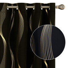 Deconovo Blackout Eyelet Curtains Thermal Insulated Gold Wave Line Foil Printed Curtains for Bedroom 66x90 Inch Black 2 Panels