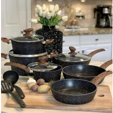 Kitchen Academy Induction Hob Pans Set - 12 Pieces Black Granite Kitchen Cookware Set,Pots and Pans Set Non Stick