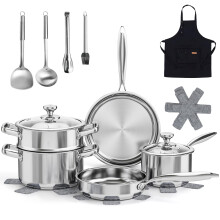Tieplis 16-Piece Stainless Steel Pots and Pans Set, Non-Toxic Cookware Set with Steamer & Visual Lid, Kitchen Induction Cookware with Utensil Sets