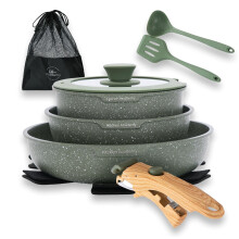 Kitchen Academy Non Stick Cookware Set, 10 PCS with Detachable Handle Green