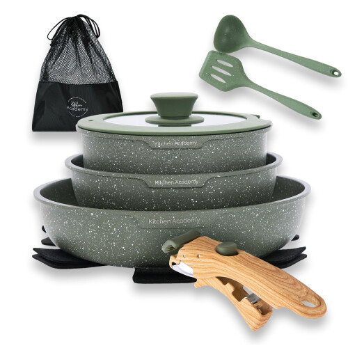 Kitchen Academy Non Stick Cookware Set, 10 PCS with Detachable Handle Green