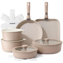 SENSARTE 17 Piece Ceramic Pots and Pans Set, Nonstick Detachable Handle Cookware, Induction Kitchen Cookware Set with Removable Handle, Oven Safe
