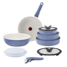 Tefal Ingenio Blue 11-Piece Non-Stick Cookware Set – Induction Frying Pans, Wok, Saucepans with Glass Lids, Detachable Handles, Oven Safe, Stackable