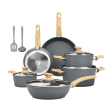 Kitchen Academy Induction Hob Pans and Pots Set Non Stick, Gray Granite Nonstick Cookware Set 12Pcs, PFOA & PFAS Free