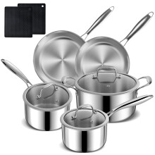 10pcs Stainless Steel Pot and Pan Set – Induction Hob Pots and Pans Non Stick – 24cm Casserole with lid, Saucepan with Lid and Frying pan