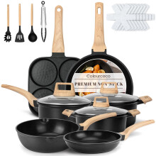 Colourcoco Pots and Pans Sets - 21 Pieces Non Stick Granite Coating Pans with Handles & Lids, Induction-Compatible Cooking Set with Utensils
