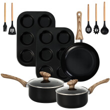 LEADKooKers 12 Piece Bakeware and Cookware Set, Non Stick Pots and Pans Sets, Induction Hob Pan Set with Wood Effect Handles, Includes Saucepan Set