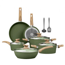 Kitchen Academy Granite Non-Stick Cookware Set 12-Piece, Induction Compatible Green Pots and Pans Set with Frying Pan & Saucepan, PFOA Free