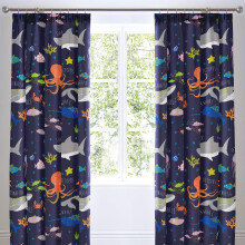 Bedlam - Sea Animals Curtains - Two Panels W66 x L72 (168 x 183cm) Sharks, Fish & Whales Bedding for Kids - Dark Blue Pencil Pleat Curtains for Boys