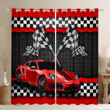 Manfei Racing Car Blackout Curtains Red Sports Car Window Treatments, Black White Checkered Flag Window Drapes for Kids Boys Teens Room Decor