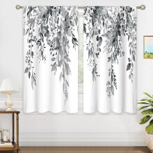 oolygoo Grey Eucalyptus Botanical Leaves Floral Window Curtains Watercolor Black White Flower Plant Wildflower Farmhouse Curtain Drapes Herb Curtains