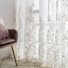Amidoudou Pencil Pleat Curtains 1 Pair Luxury Embroidered Tulle Curtains for Living Room Wedding 3D Gold Flower Sheer Curtains (White,66 x 84 Inch)