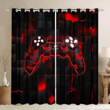 Homewish Gamer Blackout Curtains 46 x 72 Inch 2 Panel Sets for Living Room - Red Neon Gaming Window Curtains Modern Abstract Geometric Square Window
