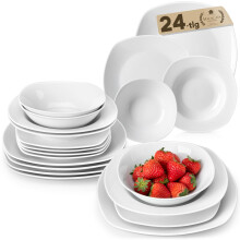 MALACASA, Series Elisa, 24-Piece Dinner Sets Ivory White Porcelain Dinnerware Set with 6-Piece Cereal Bowls/Dinner Plates/Dessert Plates/Deep Soup