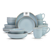 Home VSS, Stoneware Euro-Nordic 20pc Dinnerware Set, Shiny Blue with Speckle Effect