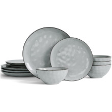 Richmount Ocean 12 Piece Dinner Set, Stoneware 3D Wave Relief Irregularly Shaped Plates and Bowls Set, Reactive Glaze Dinnerware Sets for 4