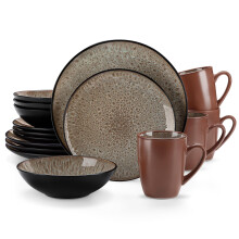 vancasso Bubble Brown 16 Piece Plates and Bowls Set, Mediterranean Style Stoneware Dinner Set for 4, Reactive Glaze Dinnerware Sets