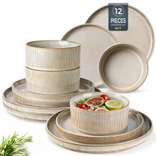 GBhome Stoneware Dinner Sets for 4 People, 12 Pieces Reactive Glaze Handcrafted Plates and Bowls Set, Scratch Resistant Dinnerware Set