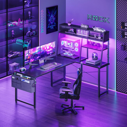 Coleshome L Shaped Gaming Desk with Led Lights, 130Ã—100 cm, Black 1