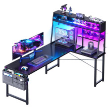Coleshome L Shaped Gaming Desk with Led Lights, 130×100 cm, Black