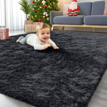 Homaxy Fluffy Shaggy Rugs Living Room, Large Anti Slip Carpet, Machine Washable Soft Thick Pile Bedside Rug for Kids Bedroom, Nursery - Black