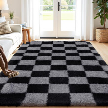 Enyhom Fluffy Rugs Living Room 160x230cm, Large Checkered Area Rug for Bedroom Non Slip Washable Carpet Soft Shaggy Thick Pile Floor Mat for Kids