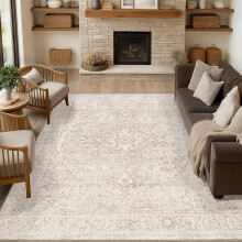 Beauoop Washable Area Rug Beige Neutral 200x300 cm Large Vintage Distressed Non Slip Carpet for Living Room Bedroom Soft Low Pile Indoor Oriental