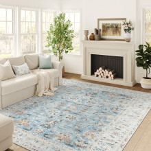 TOPICK Large Rug 240x305cm Washable Floral Blue Rug Non Slip Lightweight Carept for Living Room Bedroom Dining Room