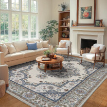 Washable Living Room Rug, 140 x 200 cm, Boho Flowers, Short Pile Living Room Rug, Large Rug for Dining Room, Bedroom, Office, Washable Non-Slip Rugs