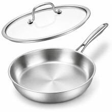 Nontoxicook Uncoated Professional 28cm Tri-Ply Stainless Steel Frying Pan with Lid, Induction Hob Compatible, Oven Safe to 315C