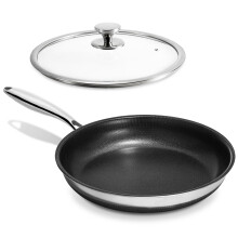 KOKHUB Stainless Steel Frying Pan 28 cm, Nonstick Frying Pan with Lid, Titanium Ceramic Tri-Ply Stainless Steel Pan, Induction Hob Compatible