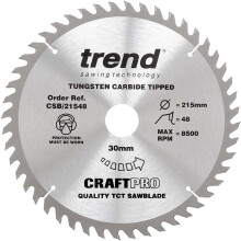Trend Wood Circular Saw Blade, 215mm Diameter, 30mm Bore, 48 Teeth, 2.6mm Kerf, +15 Hook, TCT, Fine Finish, CSB/21548