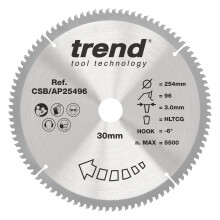 Trend Aluminium & Plastic Circular Saw Blade, 254mm Diameter, 30mm Bore, 96 Teeth, 3mm Kerf, -6 Hook, TCT, Extra-Fine Finish, CSB/AP25496