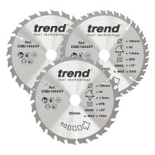 Trend Wood Cordless Circular Saw Blades, 165mm Diameter, 20mm Bore, 24/40 Teeth, 1.5mm Kerf, +15 Hook, TCT, Medium/Fine Finish, 3 Pack, CSB/165/3PK/C