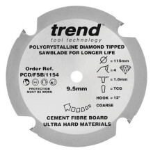 Trend PCD Fibre Cement Circular Saw Blade, 115mm Diameter, 9.50mm Bore, 4 Teeth, 1.6mm Kerf, +12 Hook, PCD, Coarse Finish, PCD/FSB/1154
