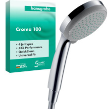 hansgrohe Croma 100 - shower head, hand shower round ( 100 mm) with 4 sprays, with anti-limescale function, chrome, 28535000