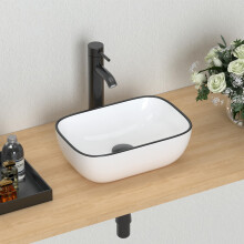 J-FAMILY Modern Bathroom Small Vessel Sink Above Counter Compact Porcelain Ceramic Wash Basin Black Trim Decoration Lavatory Wash Hand Basin,365 x