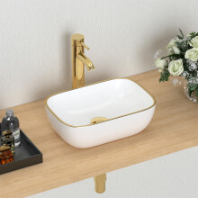 J-FAMILY Modern Bathroom Small Vessel Sink Above Counter Compact Porcelain Ceramic Wash Basin Golg Trim Decoration Lavatory Wash Hand Basin,365 x 250