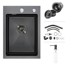 iAnomla Black Small Kitchen Sink, Stainless Steel Kitchen Sink 35 x 50 cm, Drop in Topmount Single Bowl with 2 Tap Holes