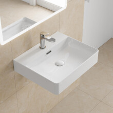 HOROW Bathroom Ceramic Wash Basin Sink Countertop or Wall Mounted Rectangular Basin,Slim Edge & Storage Ledge Design for Bathroom, Cloakroom