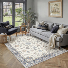PureCozy Rugs Living Room 160x230cm Blue White Washable Non Slip Large Vintage Area Bedroom Rug Bedside Nursery Lounge Office Playroom Indoor Big