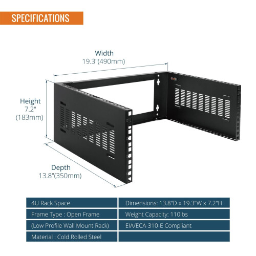 Tecmojo 4U Wall Mount Patch Panel Bracket Network Rack for Shallow Server IT Equipment, 13.8in Deep (4U) 1