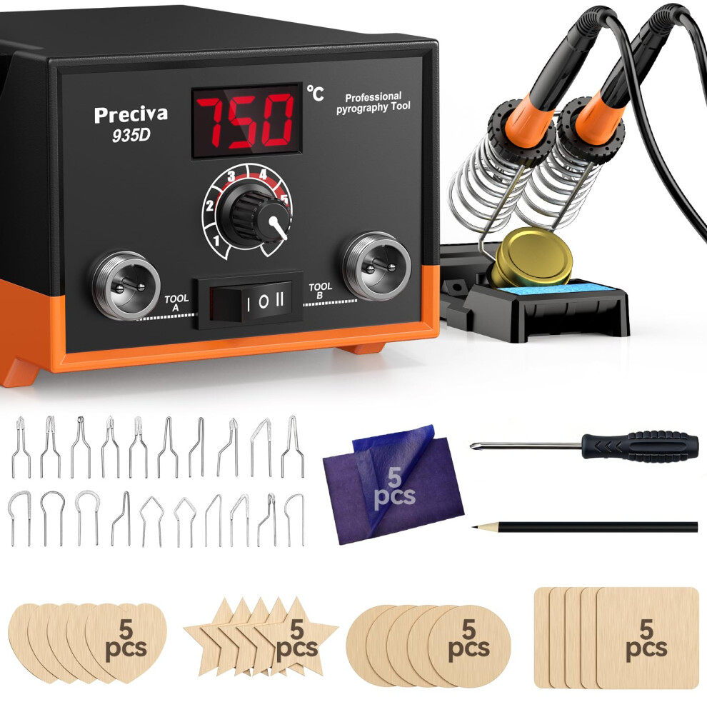 Preciva Dual-Handle Pyrography Station Kit With Lcd Display, Fast Heating Wood Burning Pen Set, 20 Interchangeable Tips, 20 Basswood Practice Pieces 5051228010383