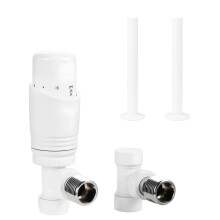 VANCOCO Glossy White Thermostatic Radiator Valve 1/2"15mm Angled with Lockshield + 130mm15mm Radiator Pipe, Thermostat TRV Set, H62 Brass