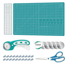 Rotary Cutter Set Green- Quilting Kit incl. 45mm Fabric Cutter, 5 Extra Rotary Blades, A1 Self Healing Cutting Mat, Acrylic Ruler and Sewing Clips