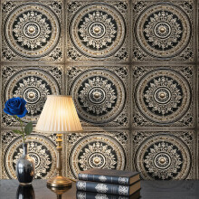 ReWallpaper 44.5CMx7M Luxury Panel Wallpaper for Living Room Ceiling Baroque Self Adhesive Wallpaper Black and Gold Sticky Back Plastic Patterned