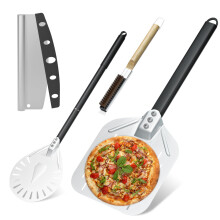 Pizza Oven Accessories, 4PCS Pizza Paddle Tool Kit, 12 Inch Perforated Pizza Peel, Aluminum 9 Inch Pizza Turning Peel with Long Handle