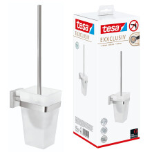 tesa EXXCLUSIV Toilet Brush Holder - Wall-Mounted, Stainless-Steel Toilet Brush with Bowl in Frosted-Glass Design - Waterproof