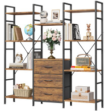 OYRREU 100W x142Hcm Tall Bookcase with 3 Fabric Drawers, 4 Tier Book Shelf Unit, 100cm Wide and Large Bookshelf Storage Unit for Living Room Garden